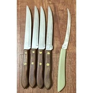Utica Cutlery Super Edge Stainless Steel Steak Knives Wood Handle USA & Ekco VTG